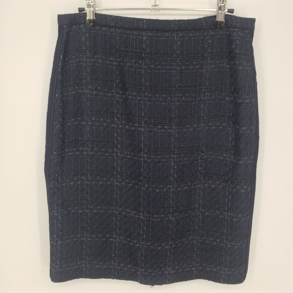 Tory Burch Plaid Tweed Pencil Skirt 6 Drew Glazed Shimmer Navy Blue - Picture 1 of 6